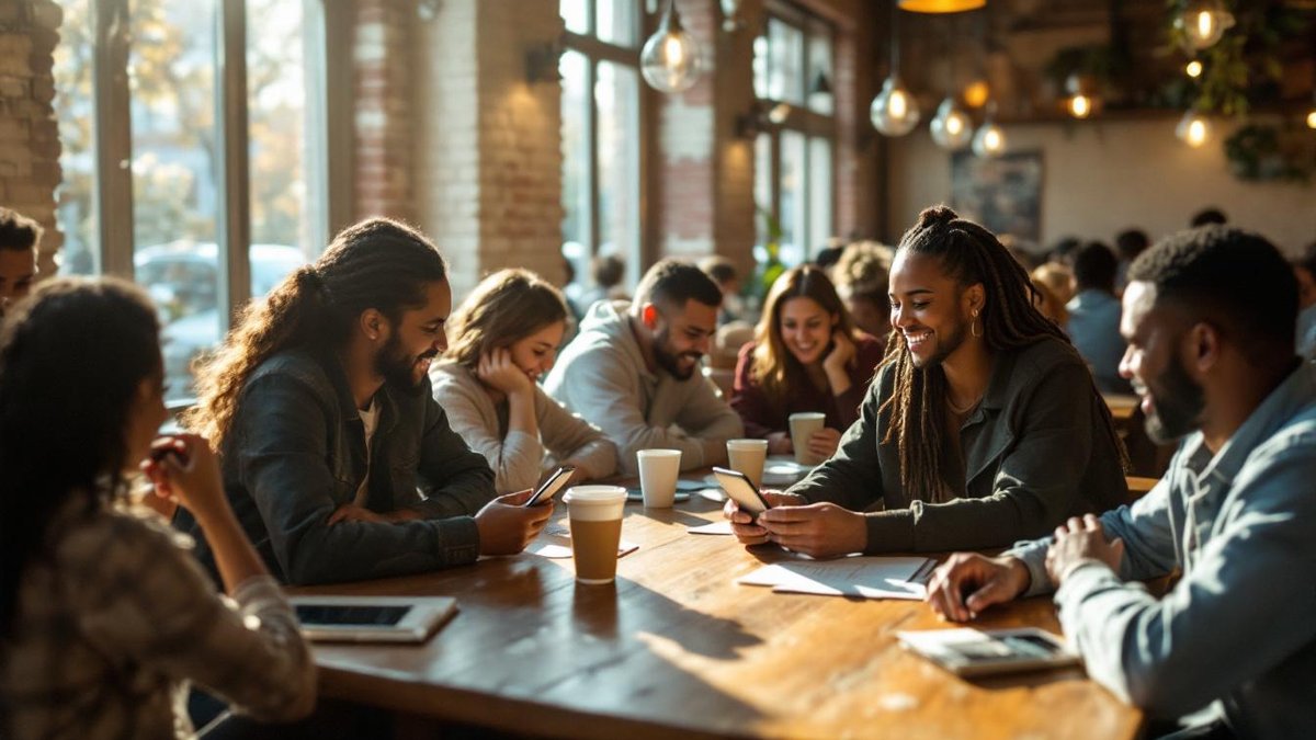 People in a Houston café engaging on social media, boosting engagement