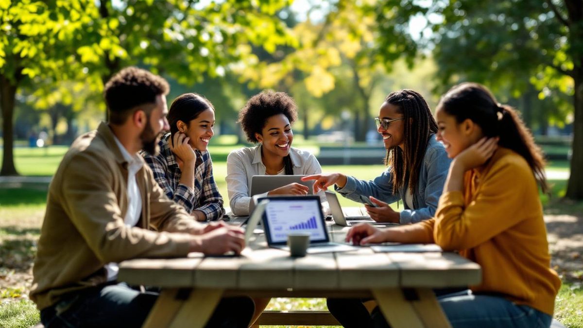 Young professionals collaborating on social media advertising strategies in a sunny park.
