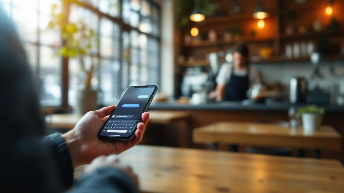 Smartphone displaying live chat feature in a café setting.