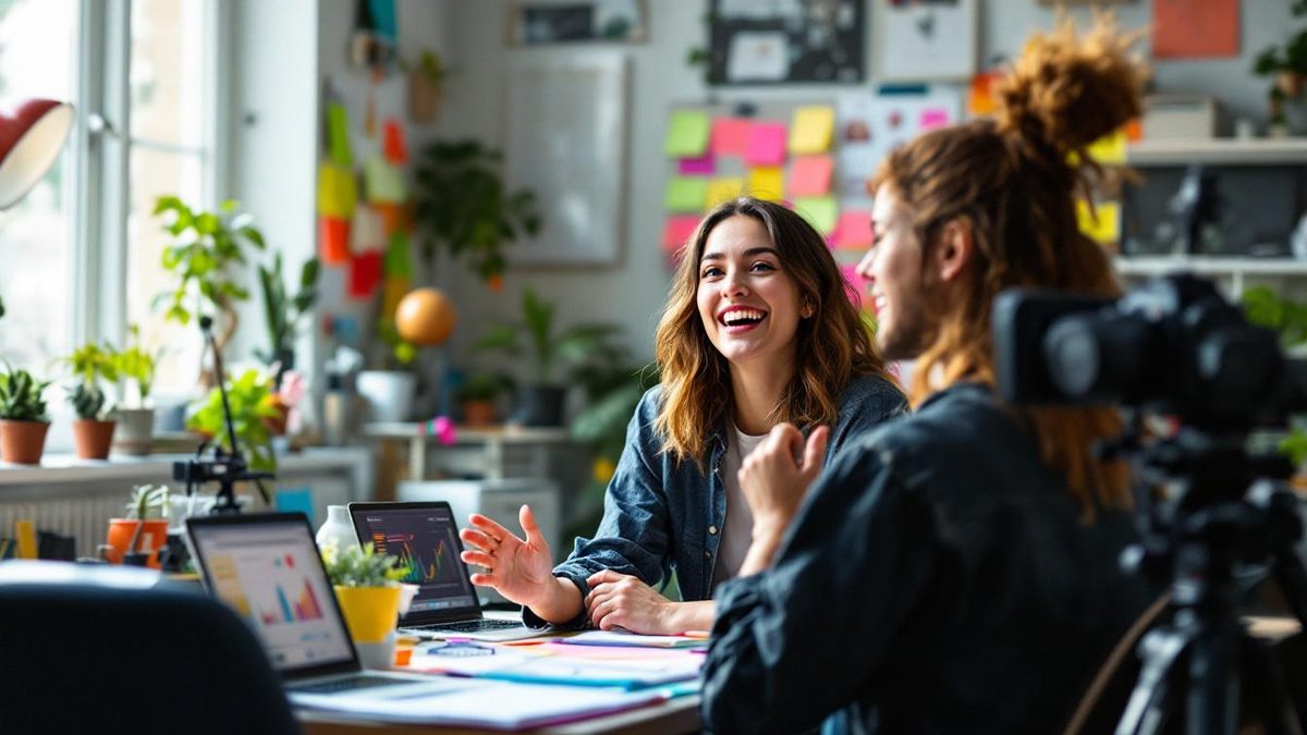 Content creators brainstorming quality social media content in a bright office.