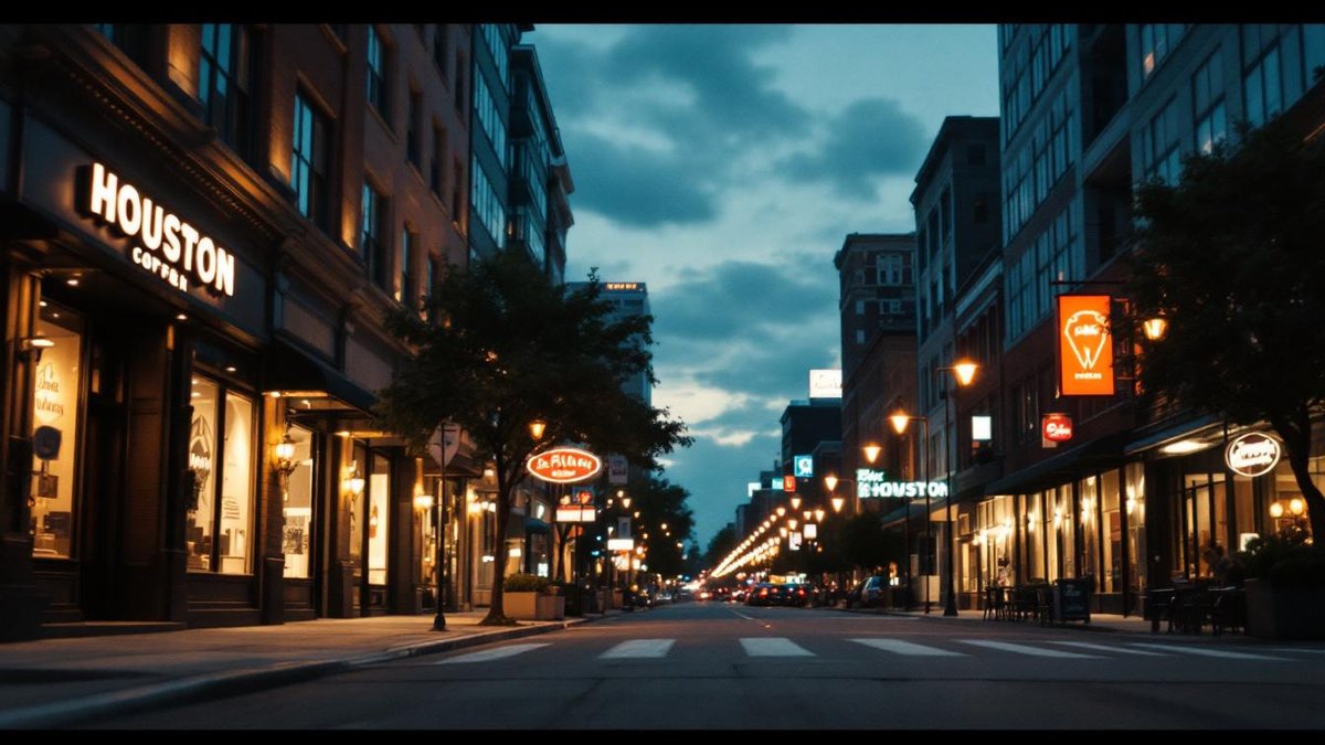 Houston storefronts at dusk with timeless logo designs