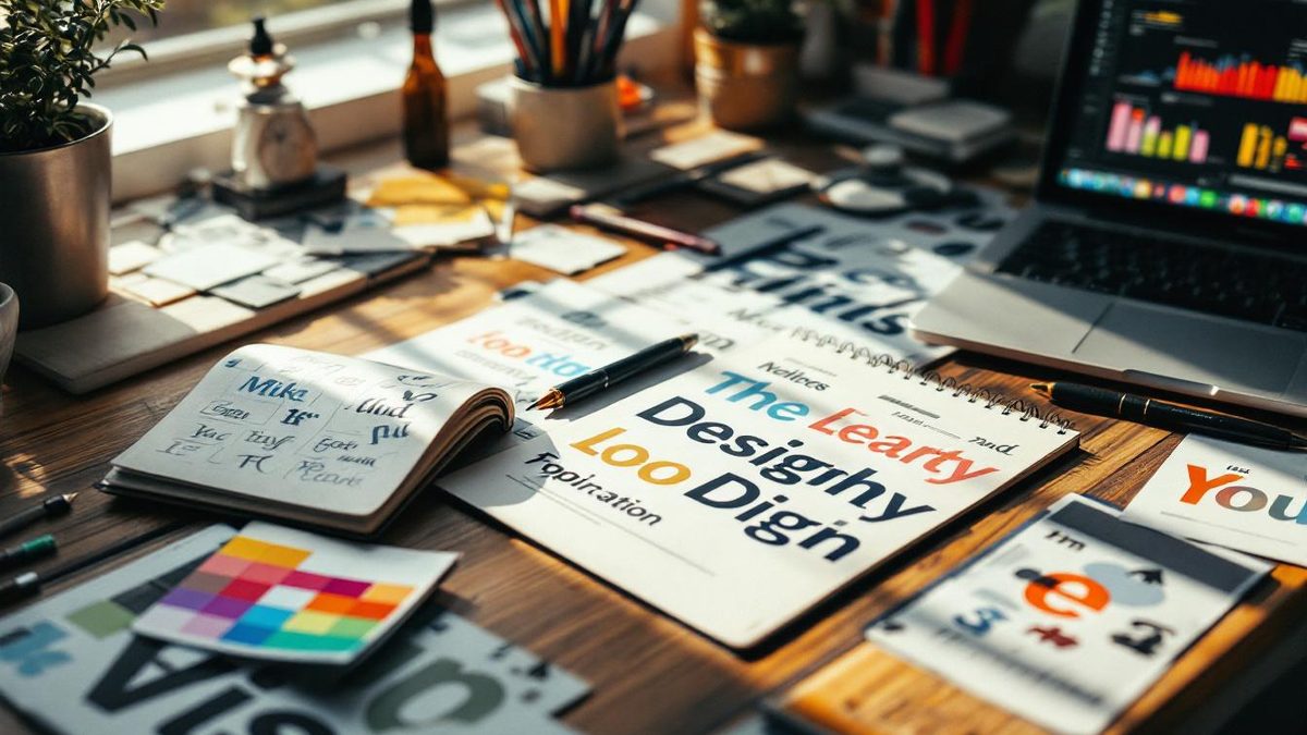 Designer workspace with typography samples and logo design tools.