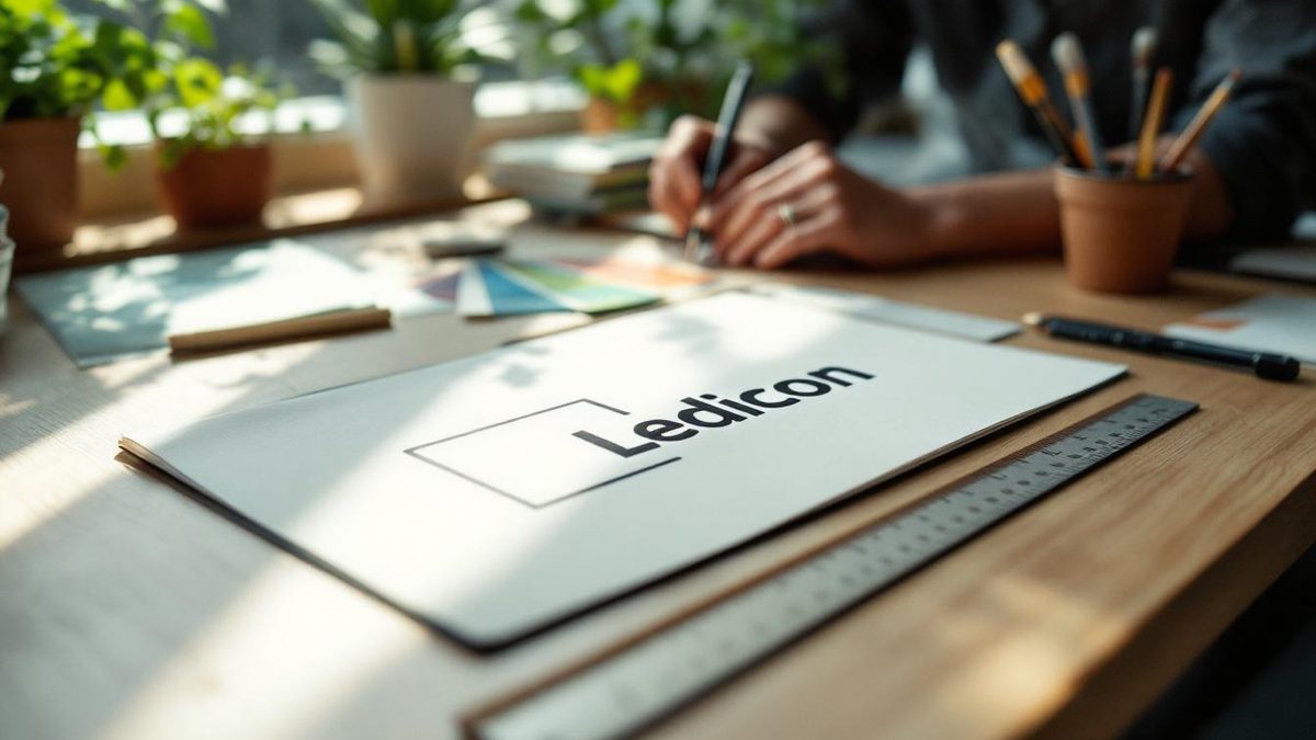 Designer workspace with a focus on a simple logo design, showcasing minimalism and creativity.