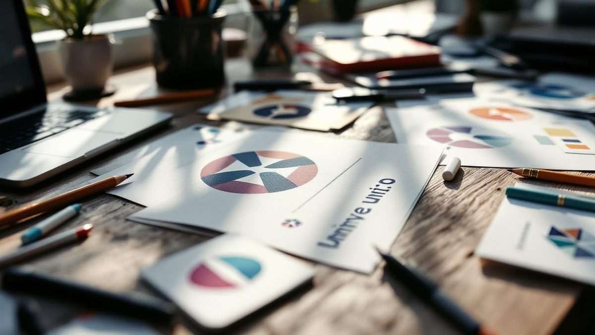 Designer workspace with logo sketches showcasing circular and angular shapes.