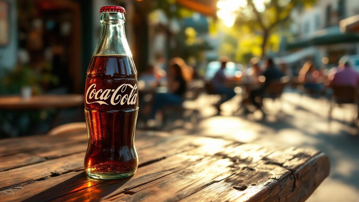 Vintage Coca-Cola logo on a glass bottle in a nostalgic outdoor café setting.