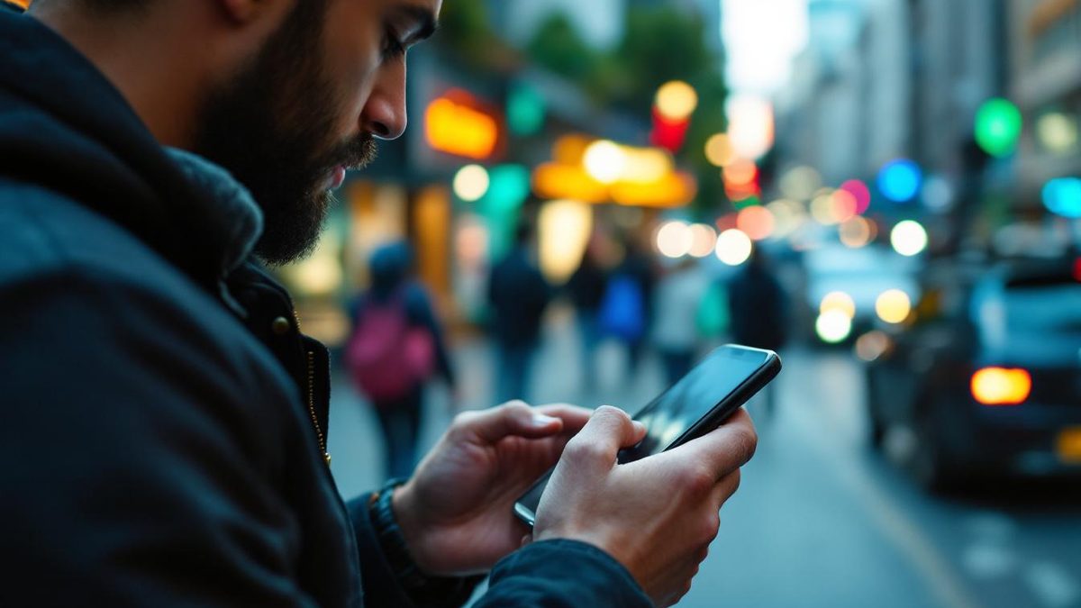 A person eagerly waiting for a mobile webpage to load in a busy city.