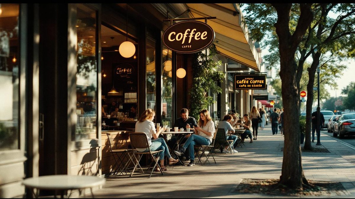 A busy Houston street with a coffee shop, people using mobile devices to find local businesses.