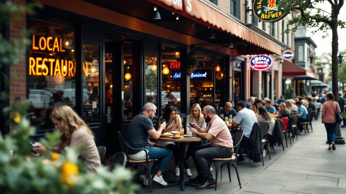 Outdoor scene of a Houston restaurant with patrons using smartphones for online reservations.