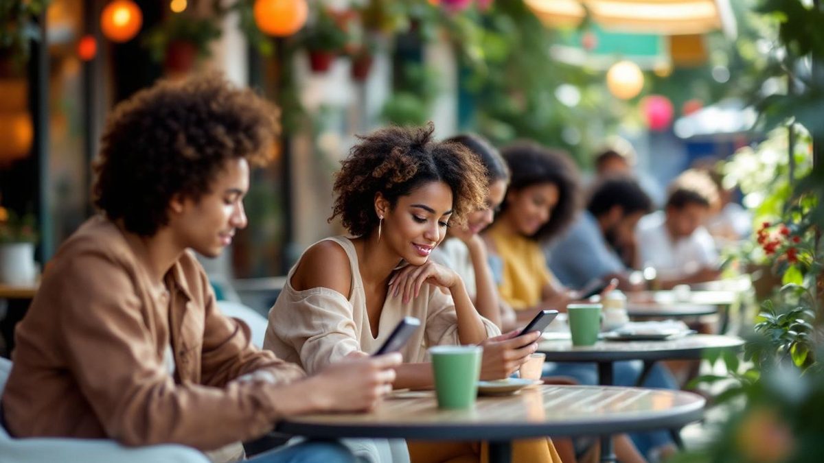 Young adults engaging with smartphones at a café, highlighting mobile optimization and social media.
