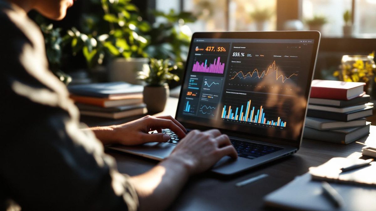 Digital marketing analyst reviewing email marketing metrics on a laptop.