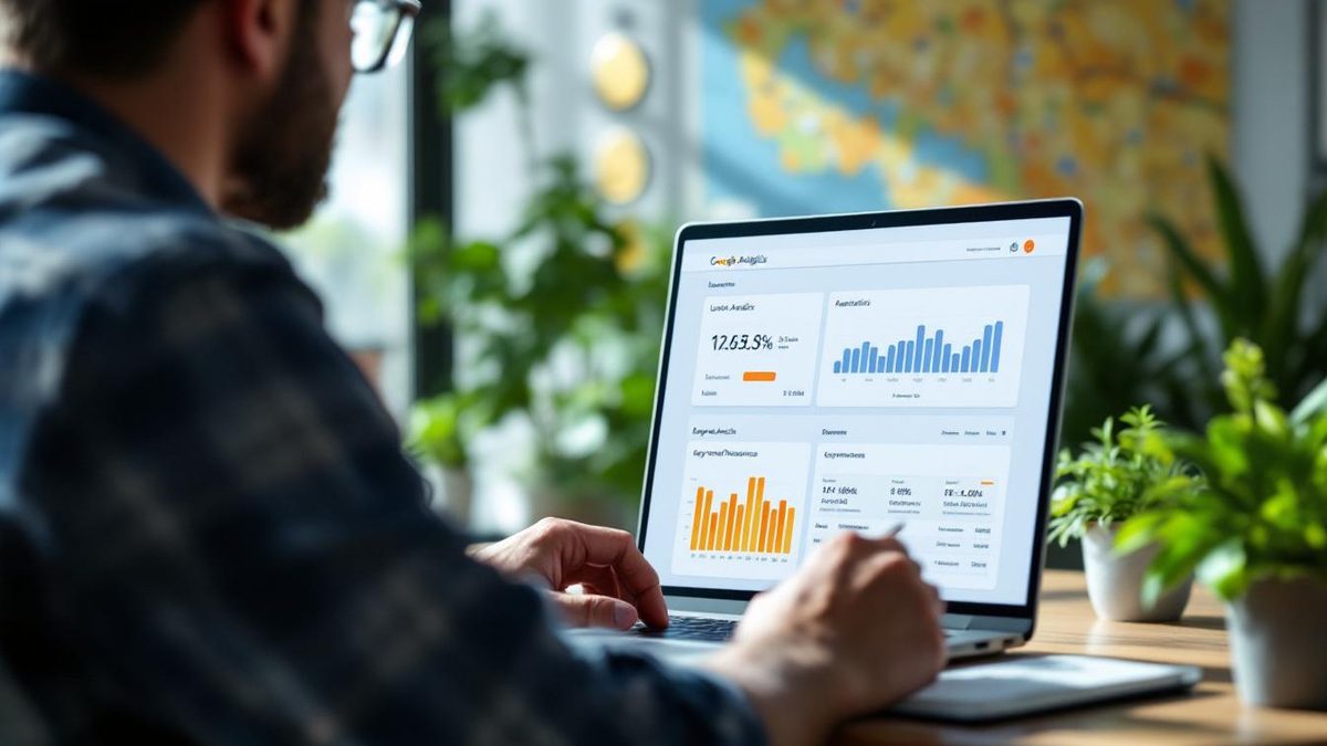 Business owner analyzing Google Analytics data for local SEO in a bright office.