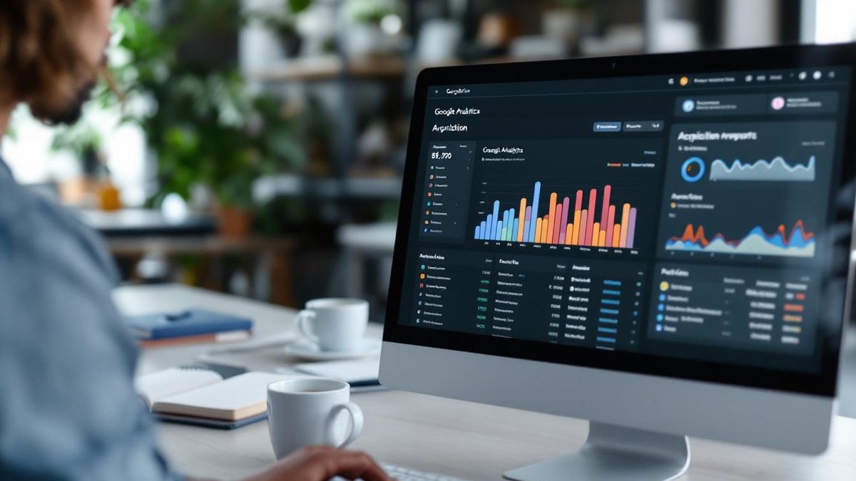 Analyzing Traffic Sources in Google Analytics with colorful graphs and charts on a computer screen.