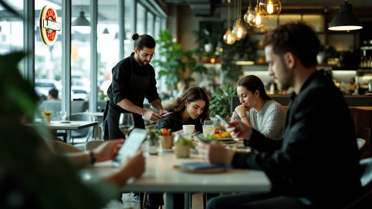 Houston restaurant patrons engaging with mobile devices for a better user experience.