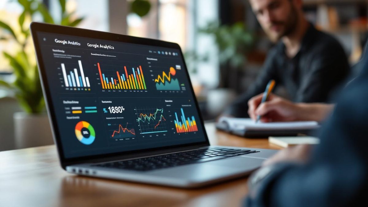 Analyzing Google Analytics data in a modern office setting.