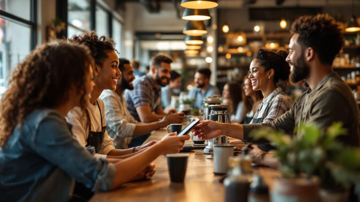 Houston coffee shop scene with customers leaving reviews, focus on customer reviews
