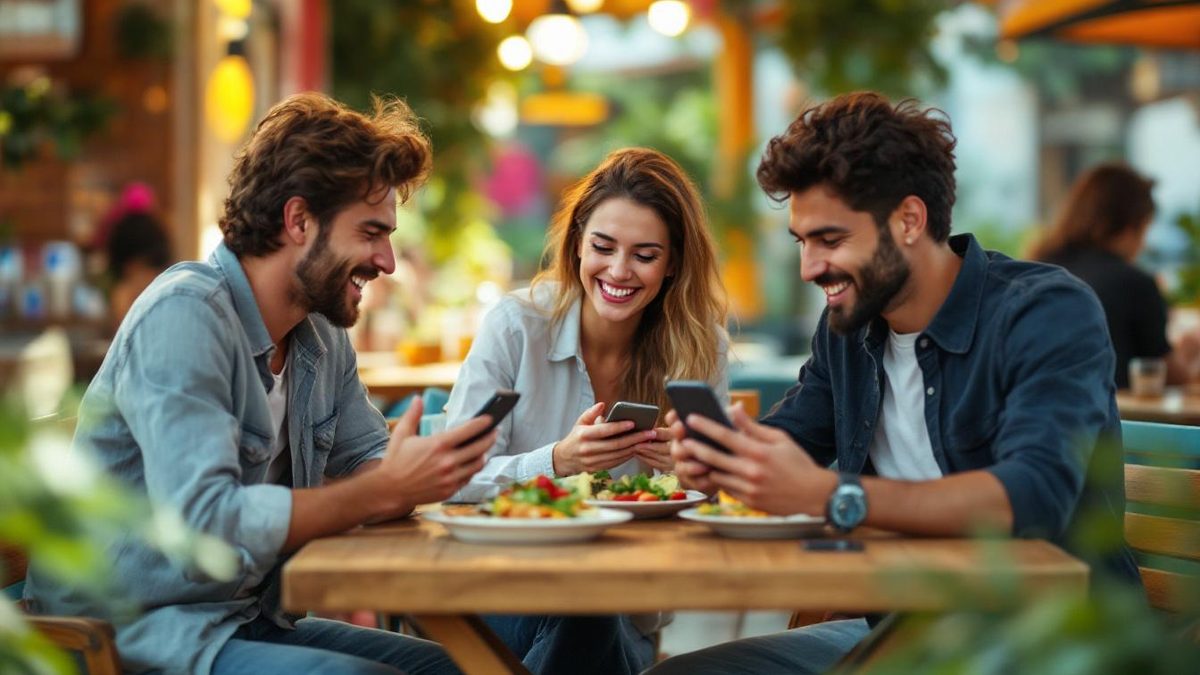 Friends at a café sharing reviews on social media.