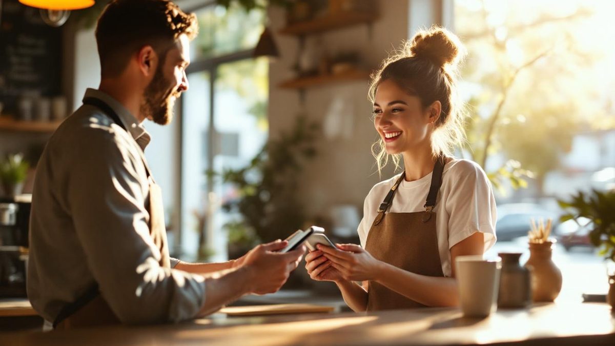 A barista giving a customer a coupon in a café, encouraging them to leave a review.
