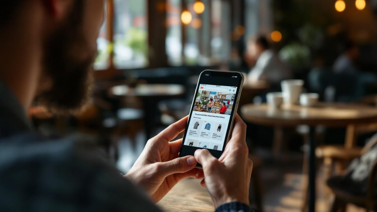 A frustrated user struggling with a poorly optimized e-commerce website on their smartphone in a café.