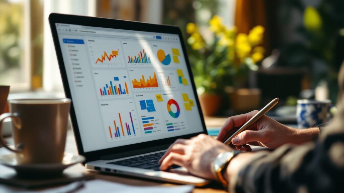 Small business owner analyzing website performance data on a laptop.