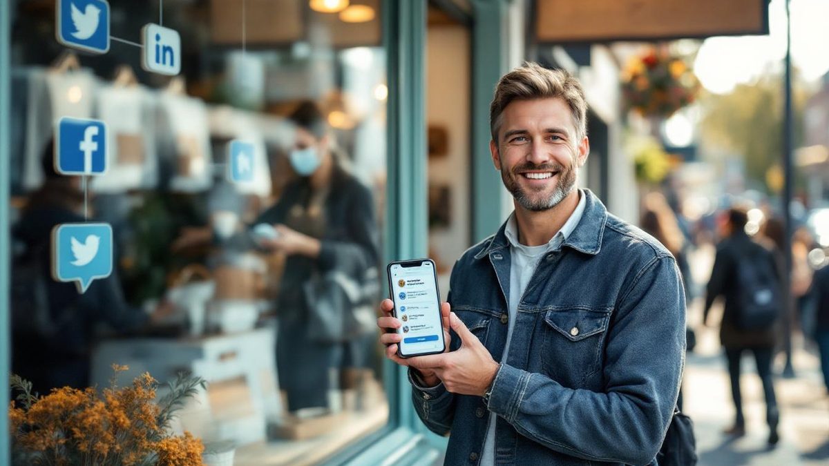 Small business owner promoting social media integration outside their shop.