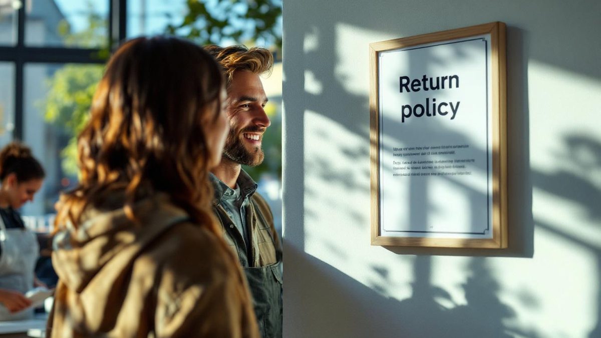 Small business owner showing a clear return policy to a customer in a bright retail space.