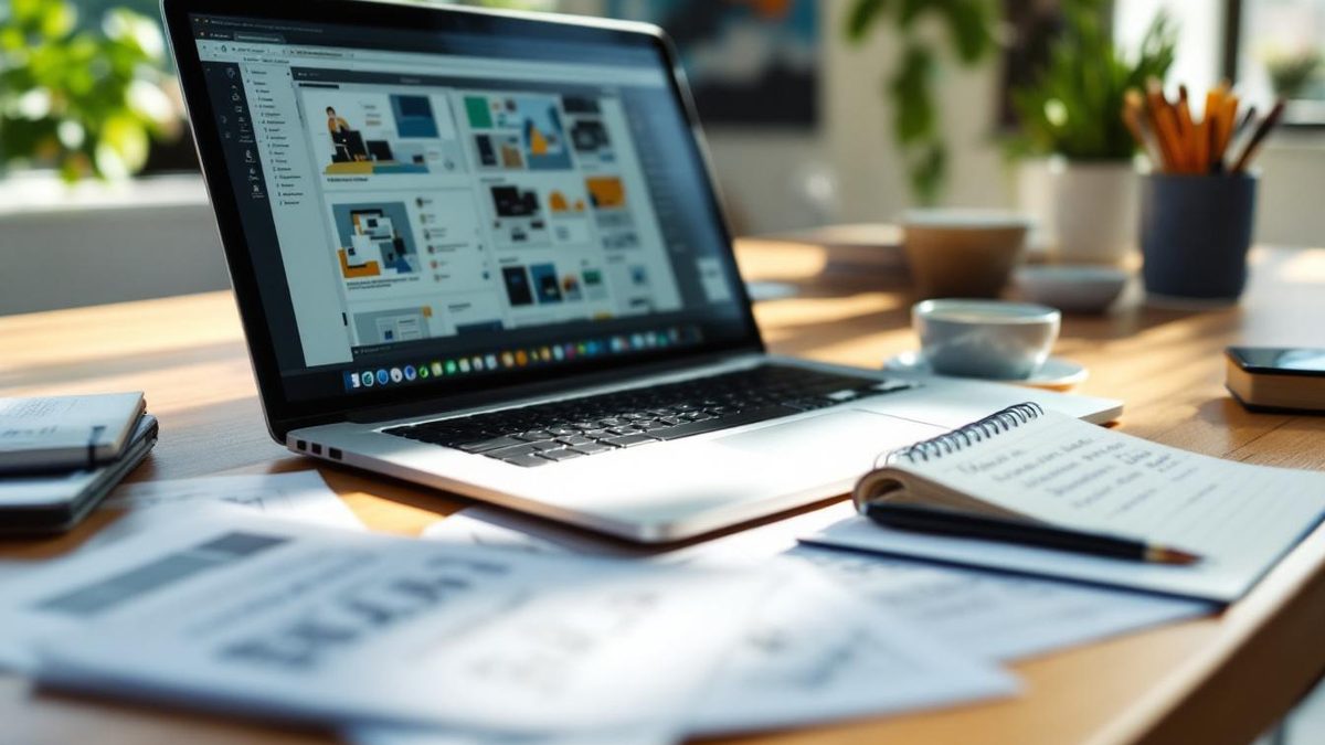 Web designer's workspace with sketches and laptop open to design software, illustrating the process of understanding bus