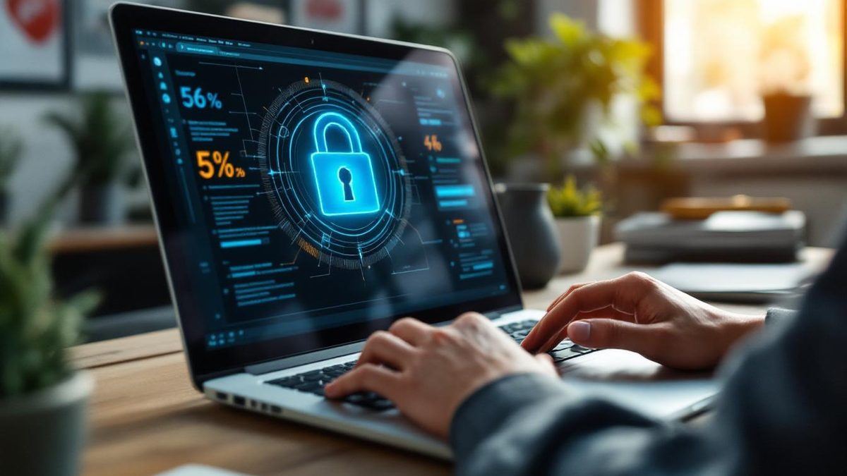 Web designer working on a laptop with a focus on cybersecurity measures.