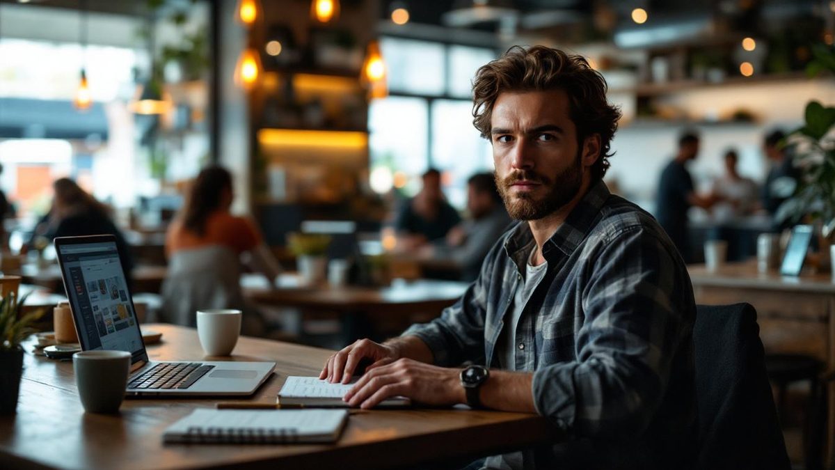 Web designer assessing portfolio in a coffee shop.