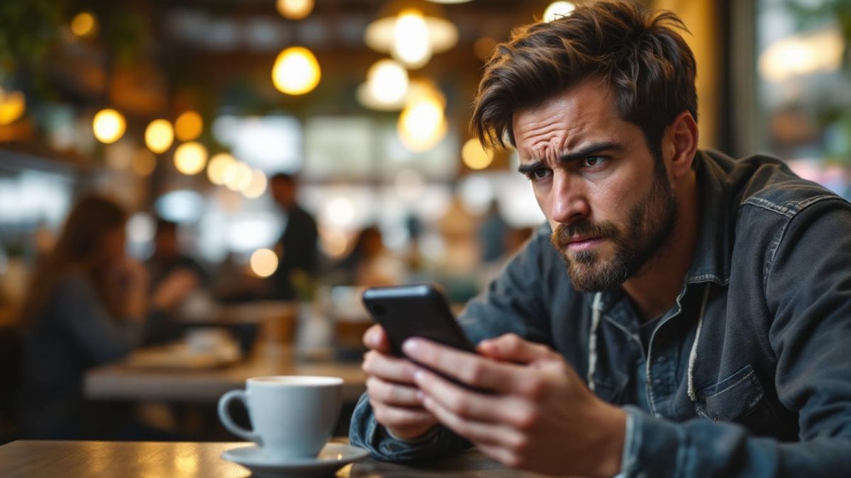 User frustrated with slow-loading website on smartphone in a coffee shop.
