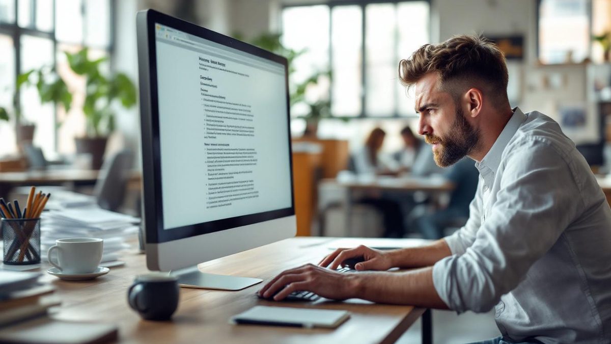 User struggling to read text on a computer screen due to poor font choice and low contrast.