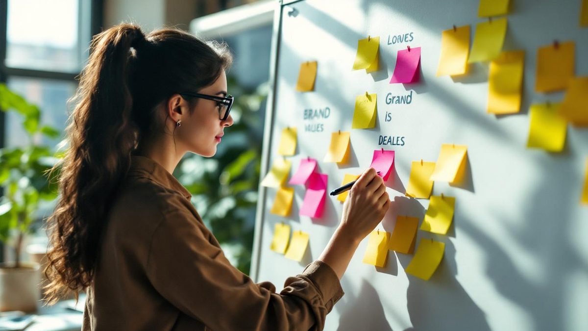 Designer brainstorming logo ideas that reflect brand identity in a modern office.