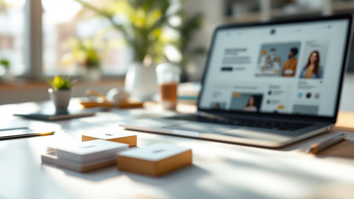 A designer's workspace showing consistent branding across business cards, a laptop, and a tablet.