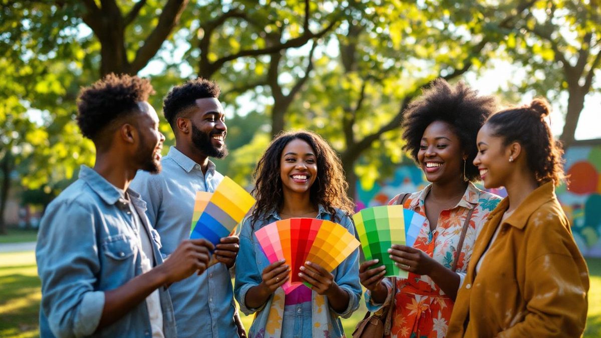 A diverse group of people in a Houston park discussing color meanings with paint swatches.