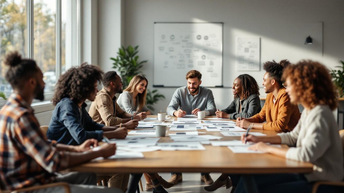 Group feedback session for logo design in a modern office.
