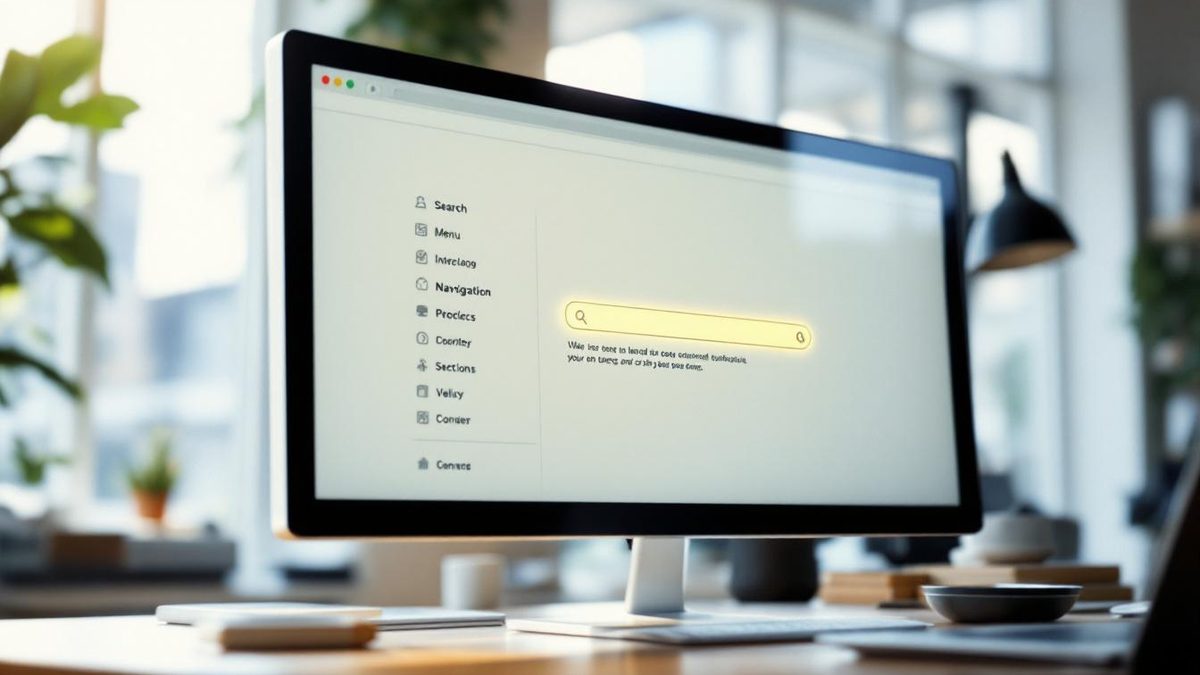 Close-up of a website navigation menu on a computer screen in a bright office.