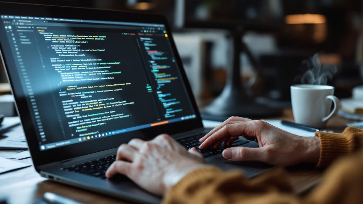 Web developer optimizing website speed on a laptop.
