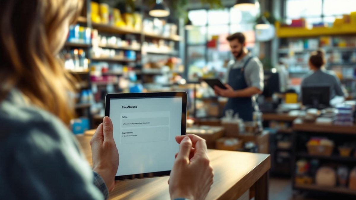 Customer providing feedback on a tablet in a retail store.