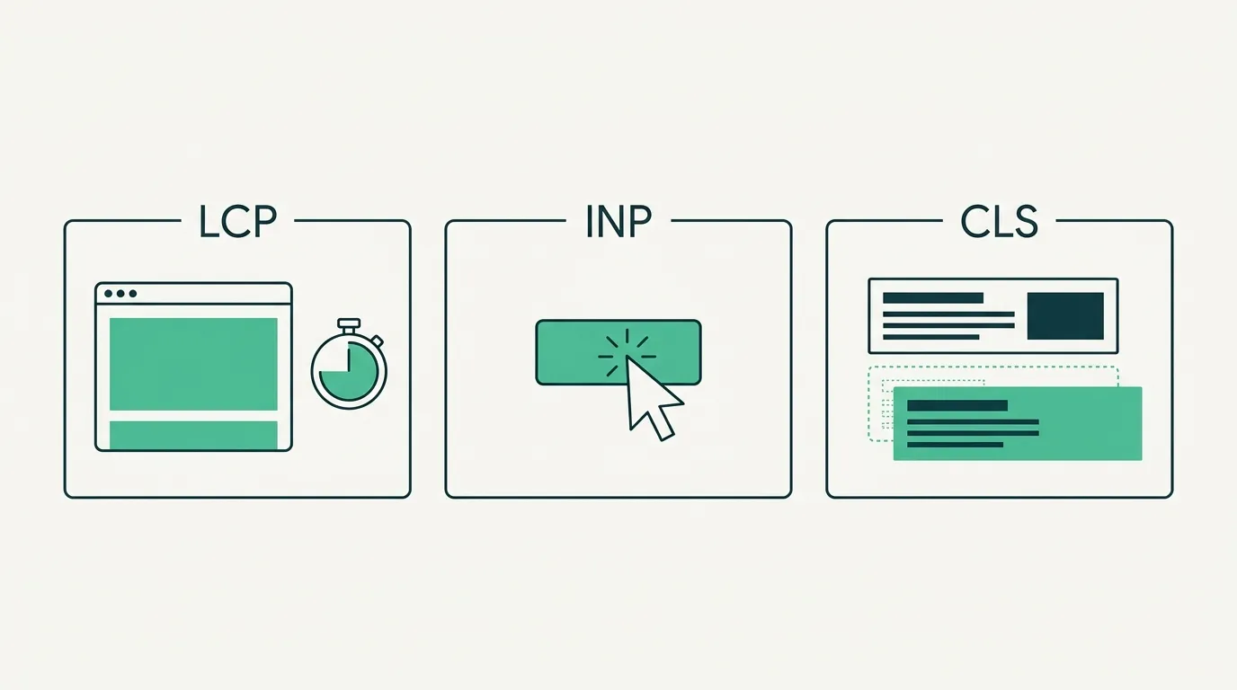 Diagram of the three Core Web Vitals: LCP for load speed, INP for responsiveness, CLS for layout shift