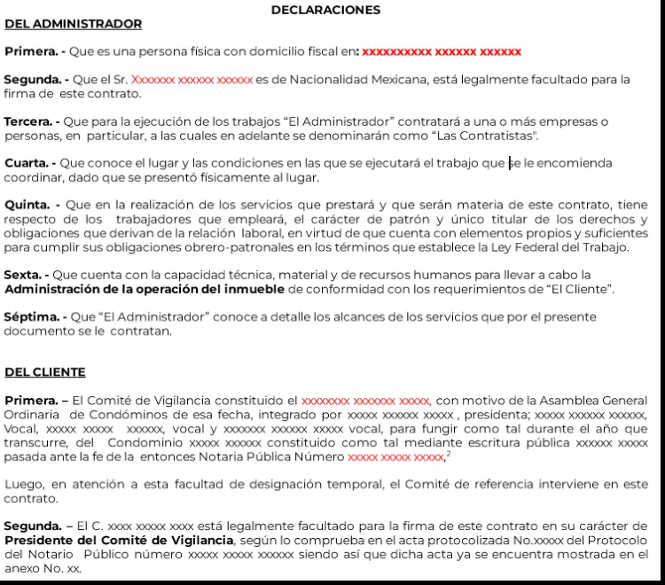 Declaraciones del contrato el administrador de condominios