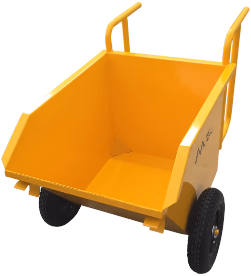 A Caçamba Manual CM 200 vem com rodas pneumáticas, sistema de dreno e alças ergonômicas.