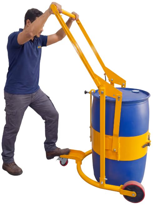 Com içamento manual o Carrinho de Giro vai com cinta de aço equipada com grampo para travamento e regulagem de diâmetro, rodas reforçadas de nylon e rodízio traseiro com freio e trava superior para borda do tambor.