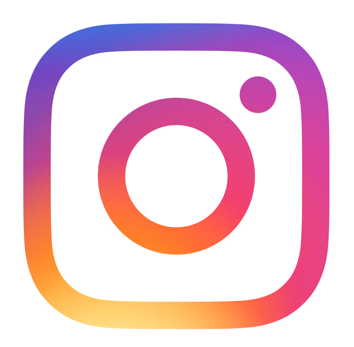 Instagram app icon with a rounded square camera outline and circle lens in a gradient of yellow, orange, pink, purple, and blue.