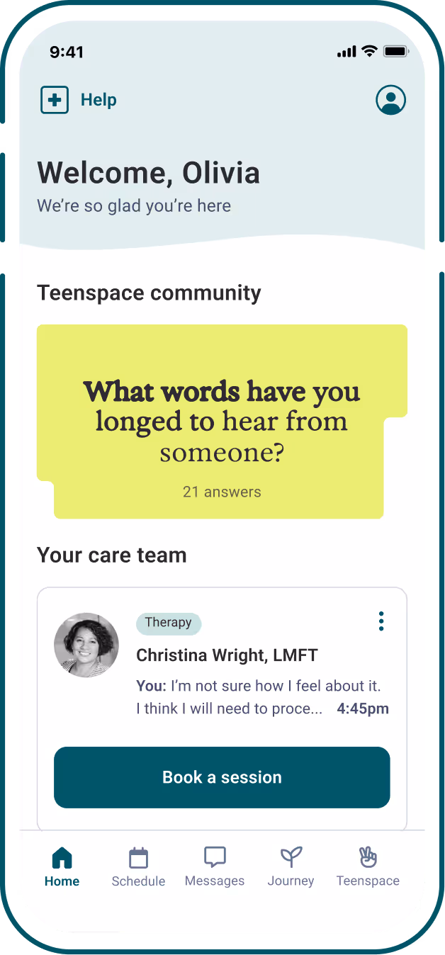 Mobile app screen welcoming Olivia, featuring Teenspace community question and a care team section with therapist Christina Wright, LMFT, and a book session button.