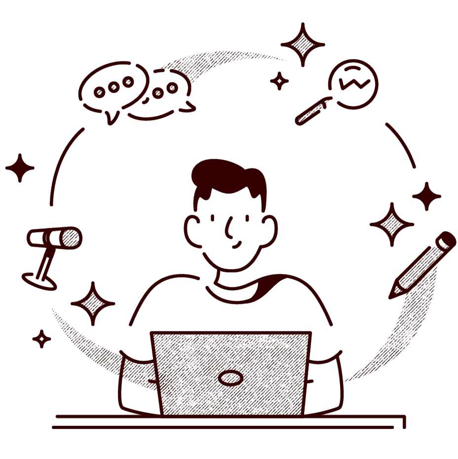 Line drawing of a person working on a laptop surrounded by icons of chat bubbles, microphone, magnifying glass with chart, and pencil.