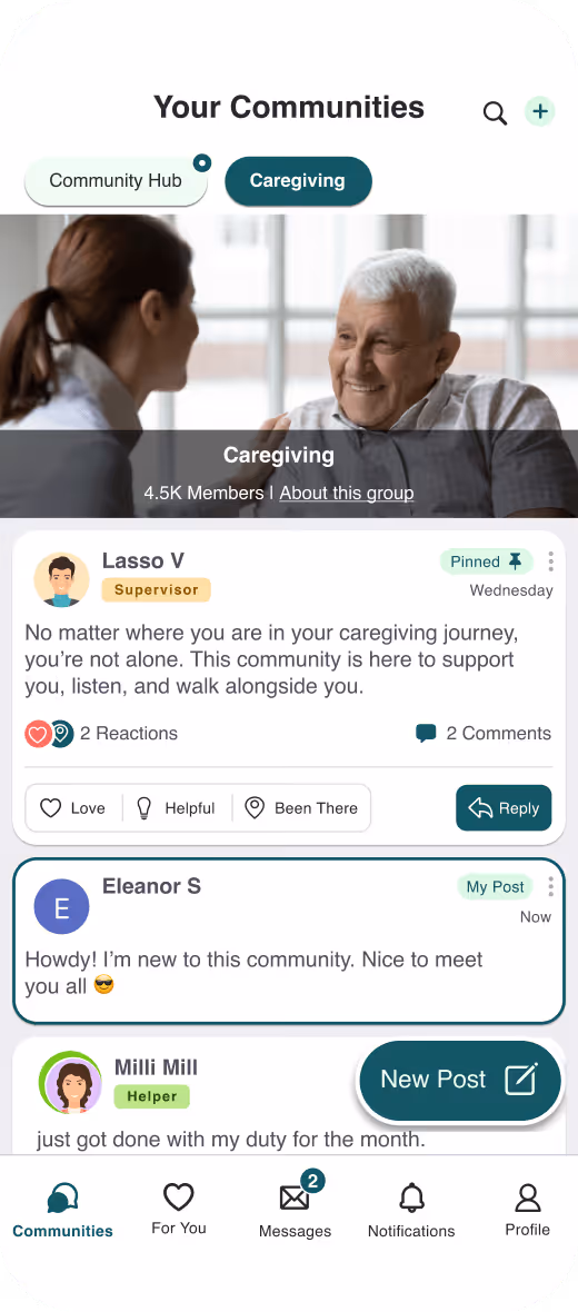 Mobile app screen showing caregiving community with posts and user interactions.