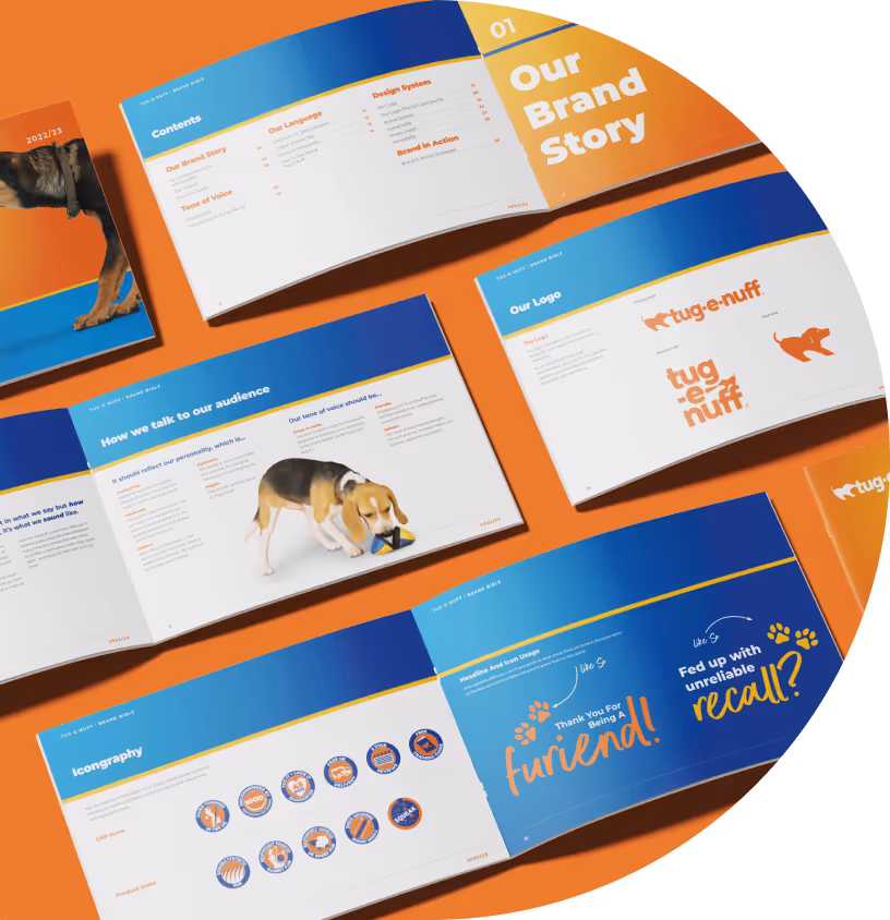Open brand guideline booklets with blue and orange theme showing content sections, tone of voice, logos, a beagle dog photo, iconography, and branded messaging.