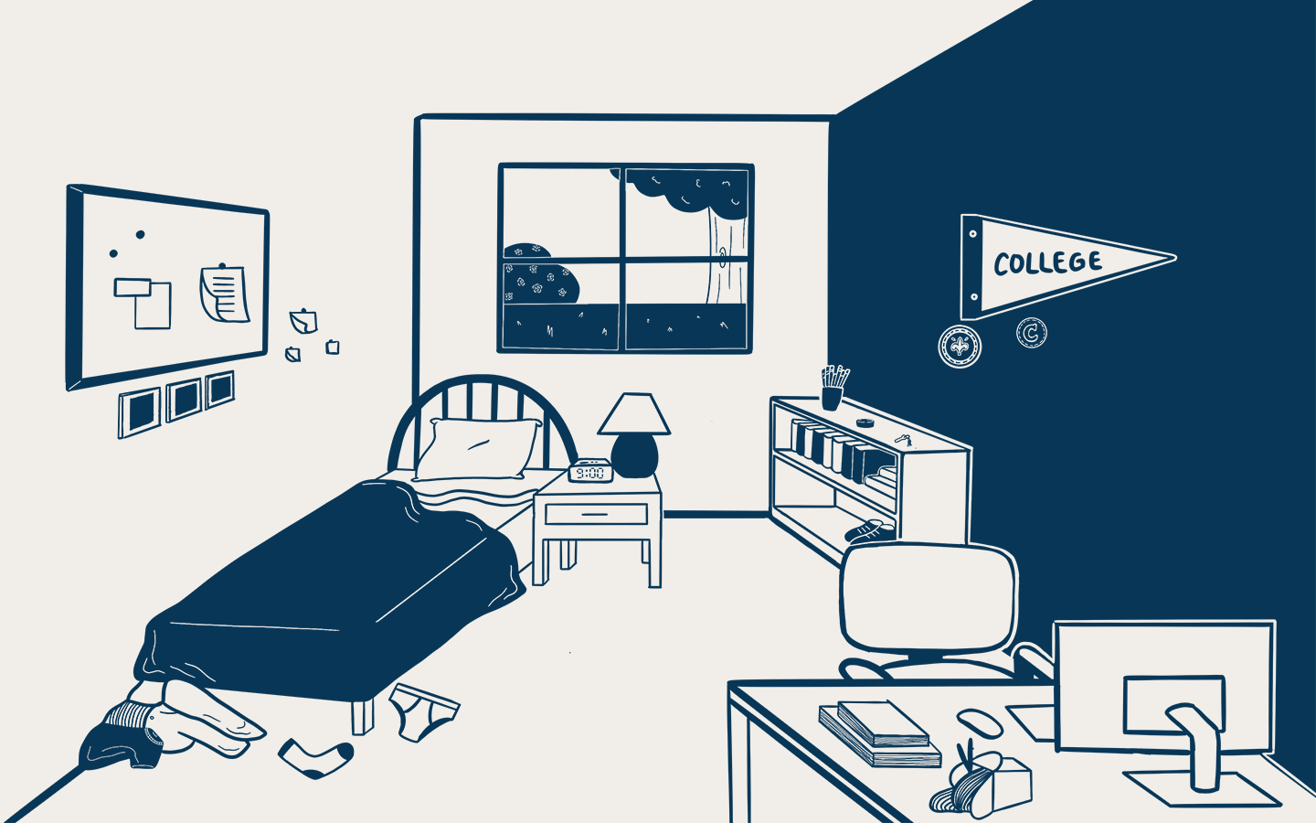 Illustration of a college dorm room