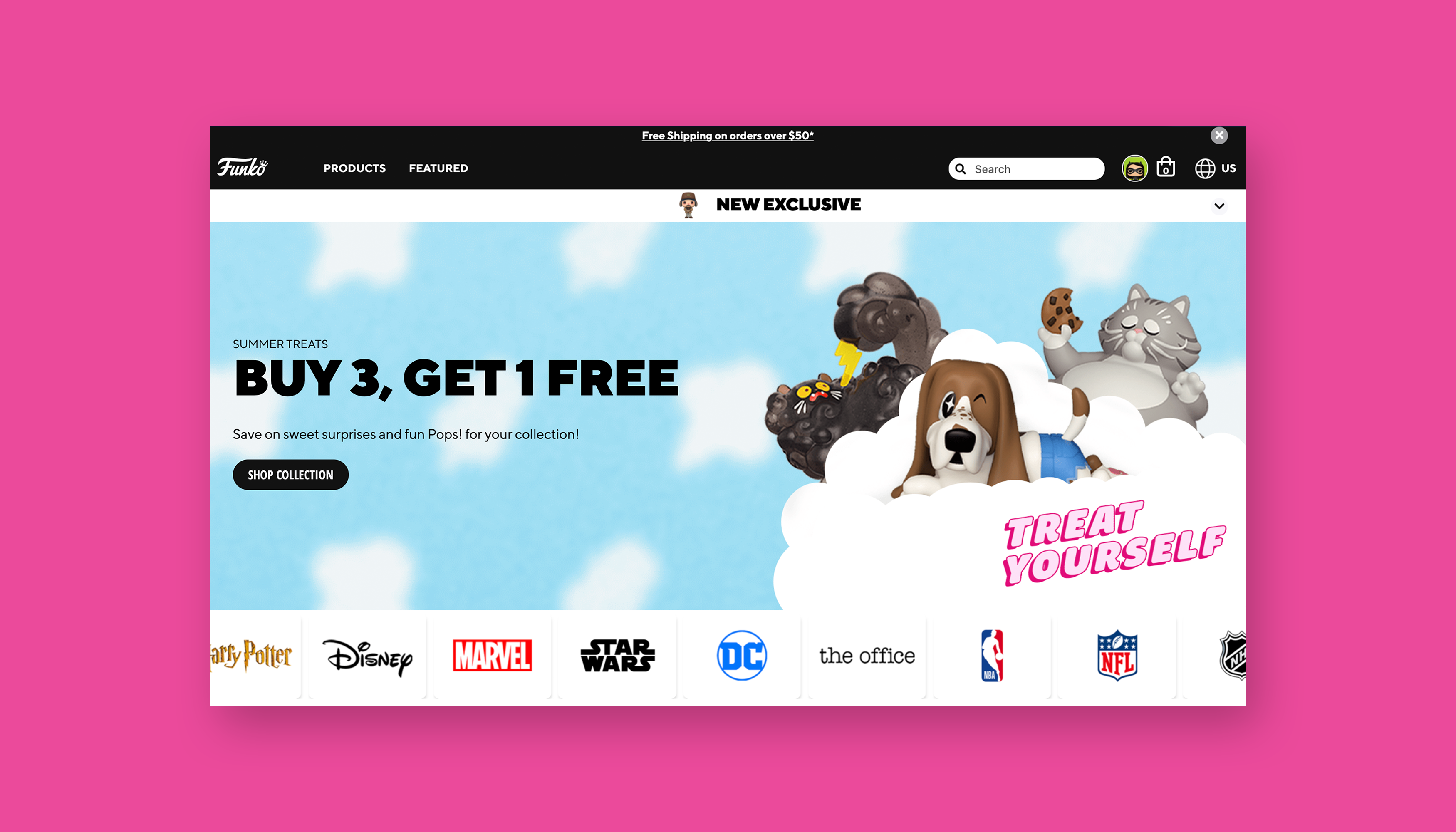 Funko Homepage showcasing the main image as the treat yourself campaign