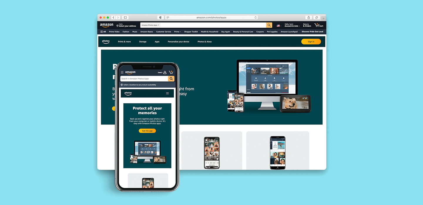 Amazon Photos App Acquisition page in the internet browser and mobile internet browser