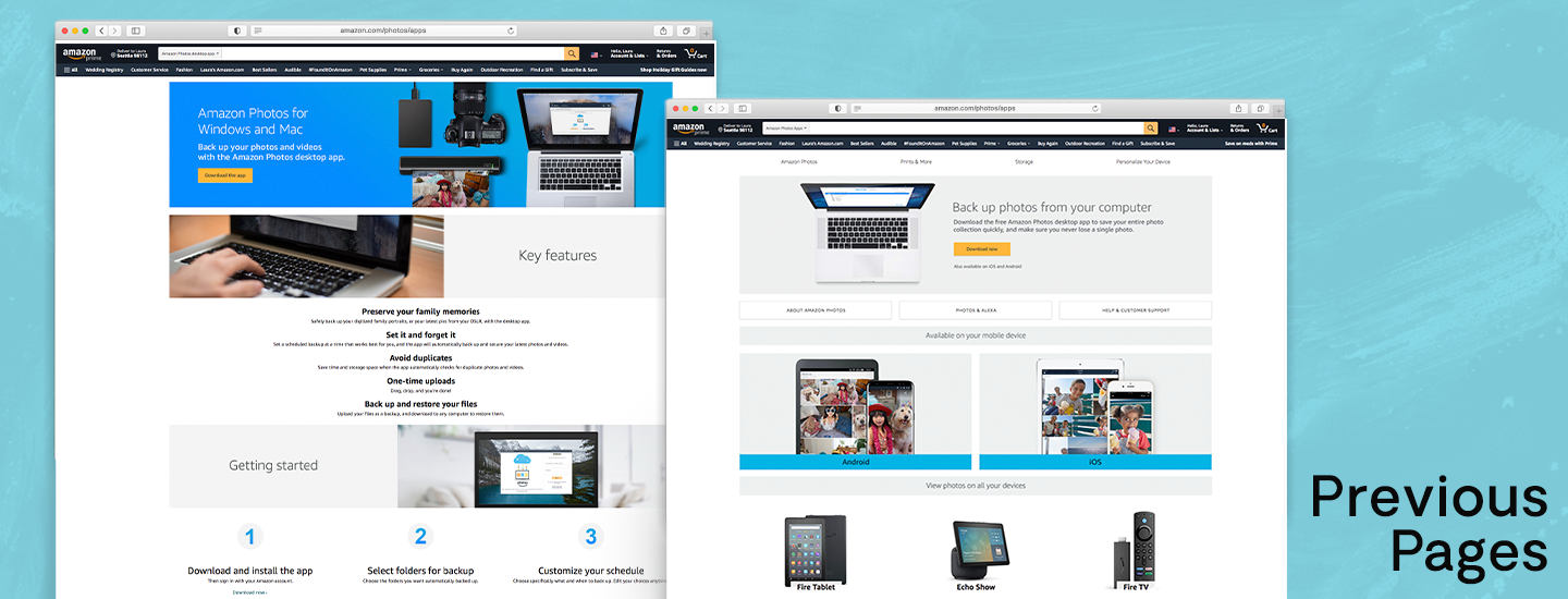 Showcasing the two previous pages of the Amazon Photos app pages that showcase features and downloadable assets